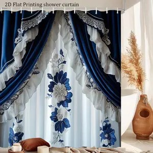 Navy blue floral shower curtain with ruffles exudes a luxurious bathroom style. Available in multiple sizes and includes hooks, it's the perfect choice for creating a stylish bathroom. Suitable for modern or traditional styles. 2D pattern design.