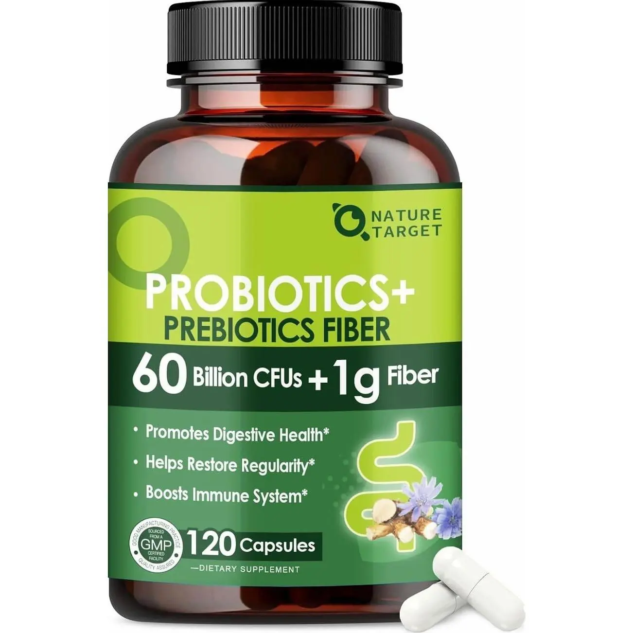 NATURE TARGET Prebiotic Fiber Supplement with 60 Billion Probiotics for Digestive Health - Prebiotics and Probiotics for Women & Men Regularity, Supports Occasional Constipation - 120 Veggie Capsules