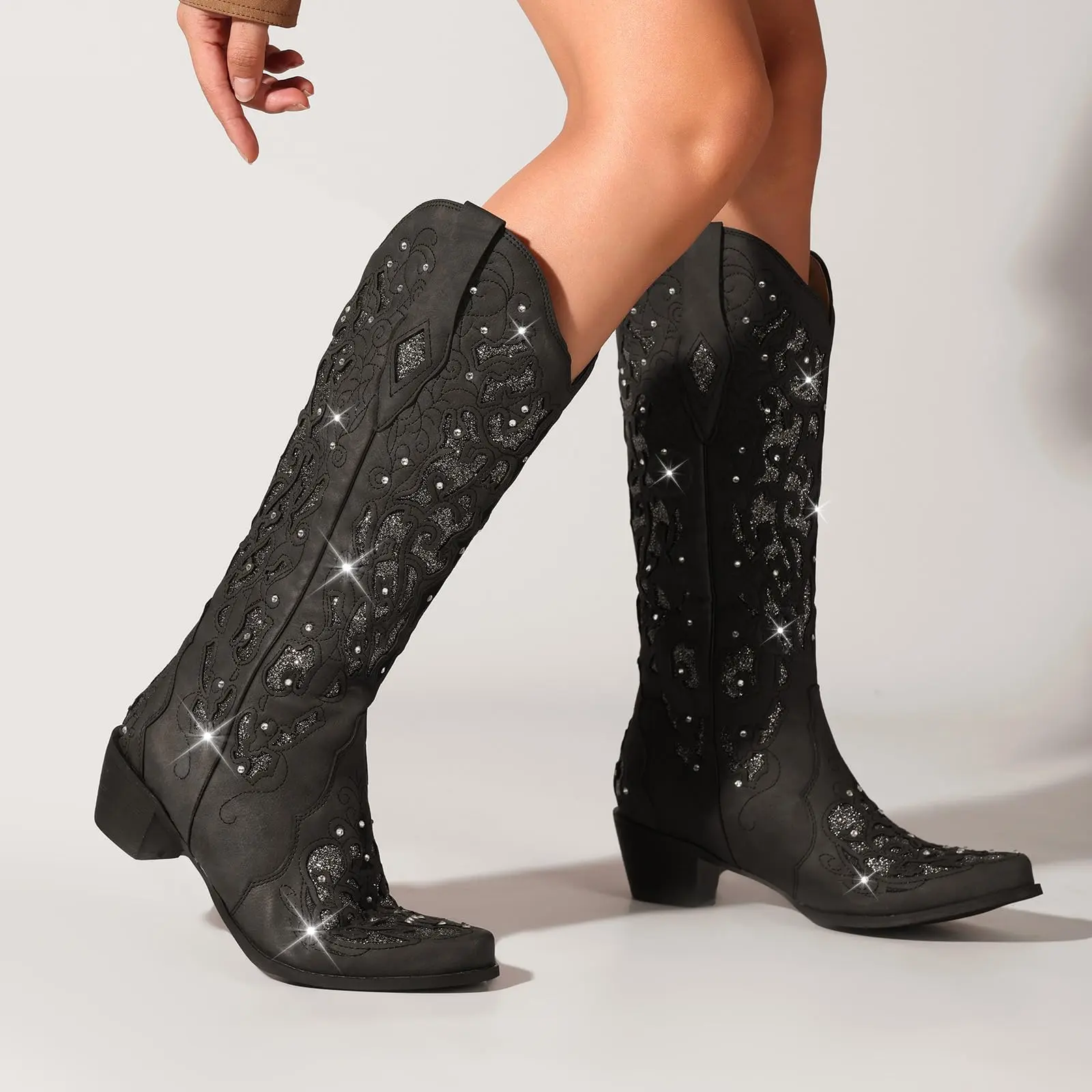 【Glitter Western Cowgirl Boots】Women's Knee-High Embroidered Rodeo Boots | Pointed Toe & Block Heel | Floral Rhinestone Sparkle Design | Perfect for Festival, Country Concert & Party Wear