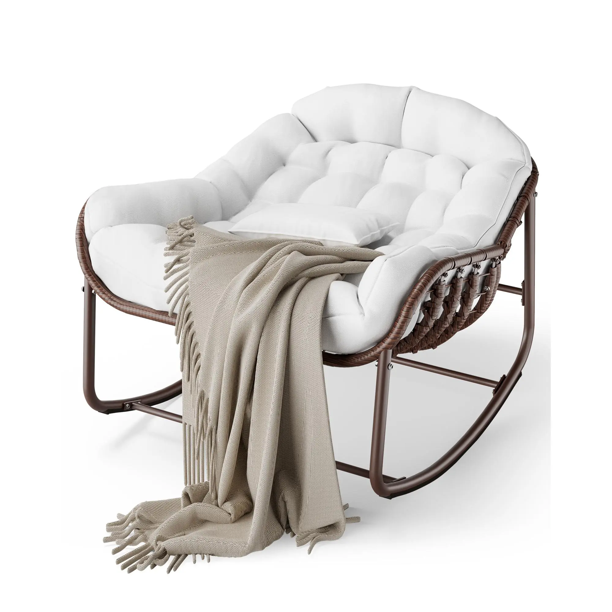 Oversized Ergonomic Papasan Outdoor Chair - Wicker Rattan Egg Lounger, Heavy Duty Metal Frame, 450 lb Capacity, Weatherproof Cushion, for Outdoor Patio Front Porch, Adult Relaxation