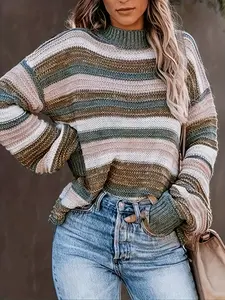 Women's Striped Pullover Sweater Casual Jumper Fashion Colorblock Design, Casual Style, Loose Fit Long Sleeve Knitwear for Fall & Winter Seasons