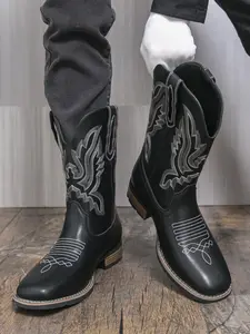 Men Western Cowboy Boots with Embroidery Fashion V-Neck Mid-Calf Luxury Boots Retro Style Casual Shoes for Men