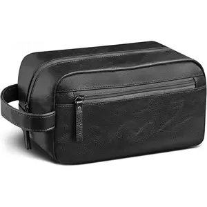 Travel Toiletry Bag for Men, Travel Shaving Dopp Kit Water-resistant Bathroom Toiletries Organizer PU Leather  Bags (Black)