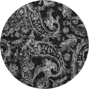 HomeRoots 666977 8 ft. Black & Silver Paisley Round Shaped Full-Sized Dark Washable Puppy-Proof Area Rug with UV Protection, Dark Area Rugs, Full-Sized Area Rugs