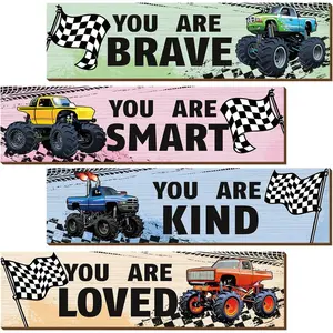 P-OMT05   4 Pcs Truck Bedroom for Son Wall Decor Construction Trucks Room Decor Inspirational Racing Car Wooden Hanging Sign Motivational Quote Car Decoration for Bedroom Living Room Women Men Door Lightweight