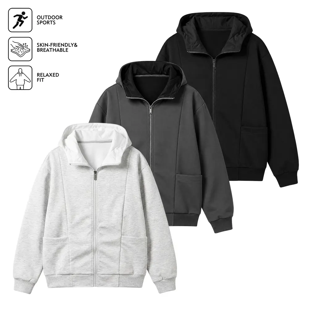 Versatile Zip-Up Hooded Sweatshirt Jacket for Men, Soft Breathable Fabric, Relaxed Fit, Full Zip Design, Contrast Lined Hood, Comfort Outerwear for Daily Street Occasions