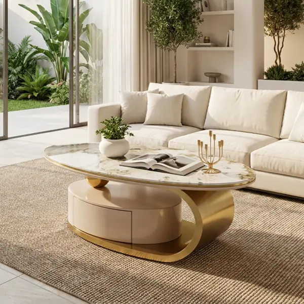 [Bellemave]51.18" Luxury Oval Coffee Table with Drawer, Print Glass Top, Brushed Gold 201# Stainless Steel Frame, Modern Living Room Storage Center Table