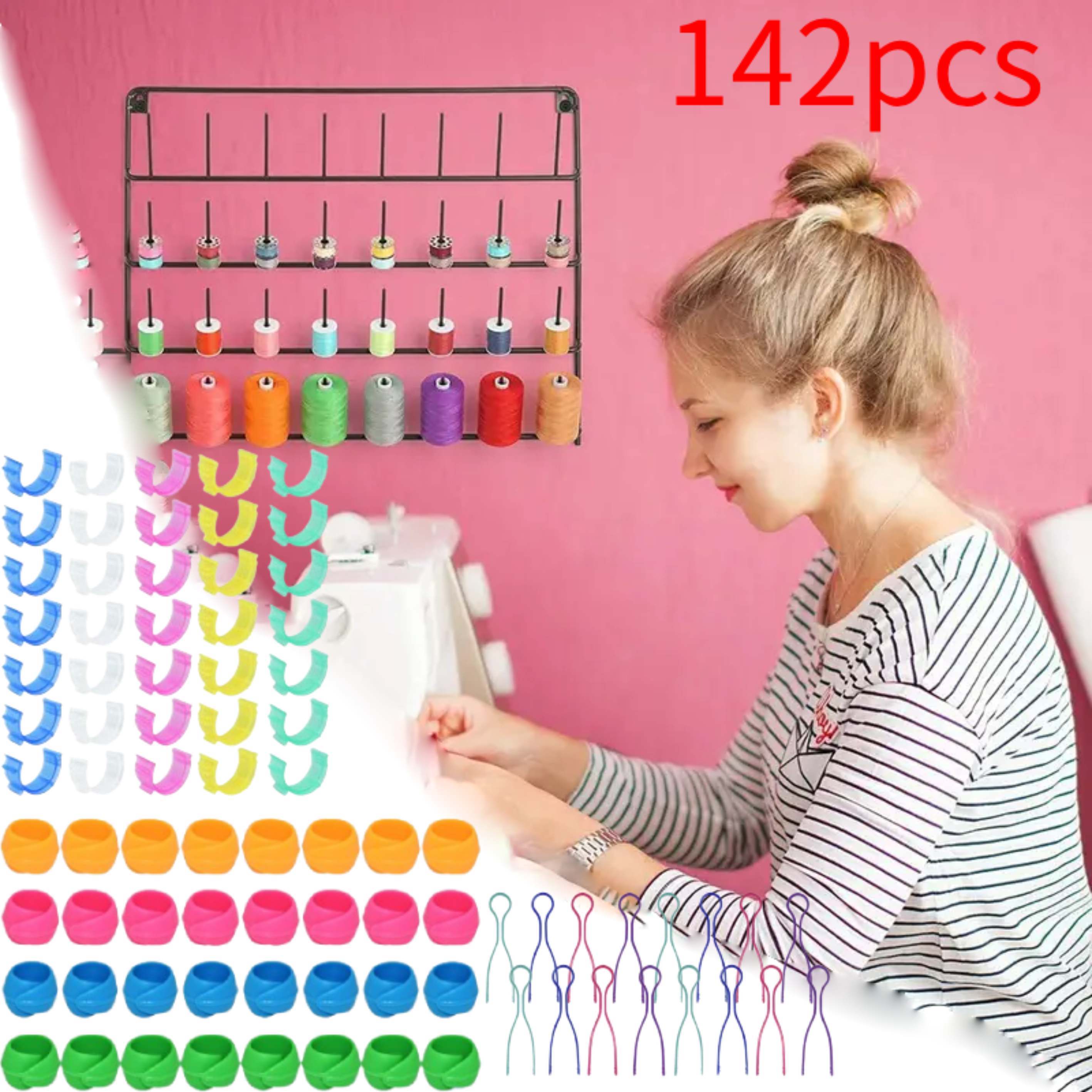 142Pcs Bobbins Thread Buddies Set Sewing Thread Spool Organizer Including 70 Bobbin Holders Clips, 32 Bobbins Thread Spool Huggers and 40Pcs Bobbin Clips Holder for Embroidery Quilting Sewing