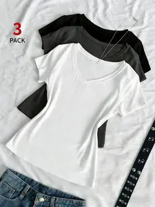 Women's 3-Piece V-Neck Short Sleeve T-Shirt Set, Slim Fit Casual Top, Soft Elastic Y2K Layering Tee, Fashion for Teens and Young Women, Womenswear