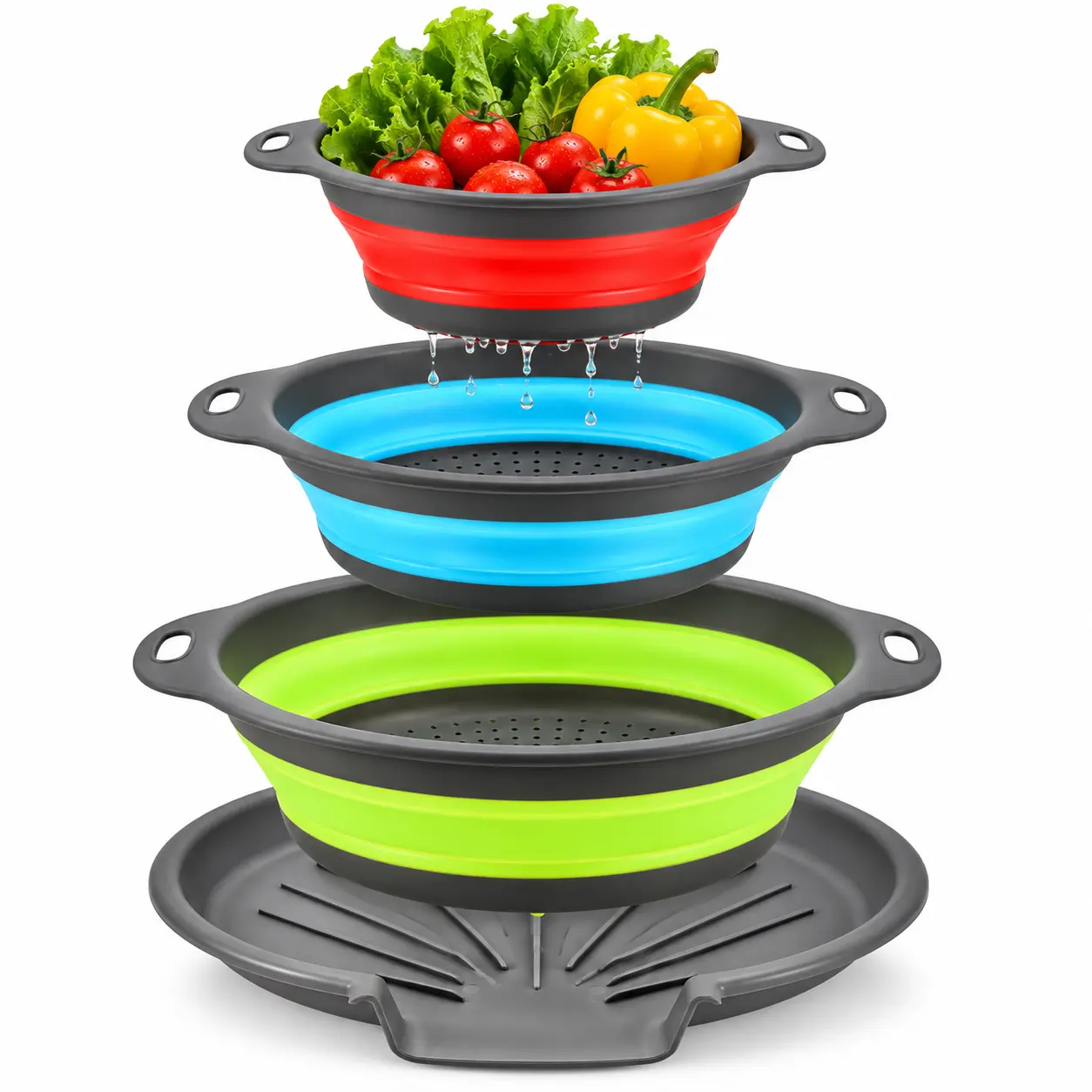 Collapsible Colander Set with Drain Base, 4-Piece Foldable Kitchen Strainer Basket Set, 3 Sizes Space-Saving Colanders for Pasta, Fruits, Vegetables, Washing & Draining