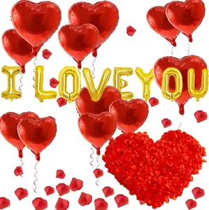 I Love You Balloons and Heart Balloons with 500 Pieces Rose Petals, Foil Mylar Love Balloons for Him/Her Wedding Anniversary Engagement Valentine Day Romantic Decorations Special Night Party Supplies