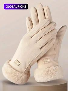 women's elegant minimalist solid color touch screen gloves, elegant fashion windproof warm riding gloves, fuzzy  gloves for fall & winter