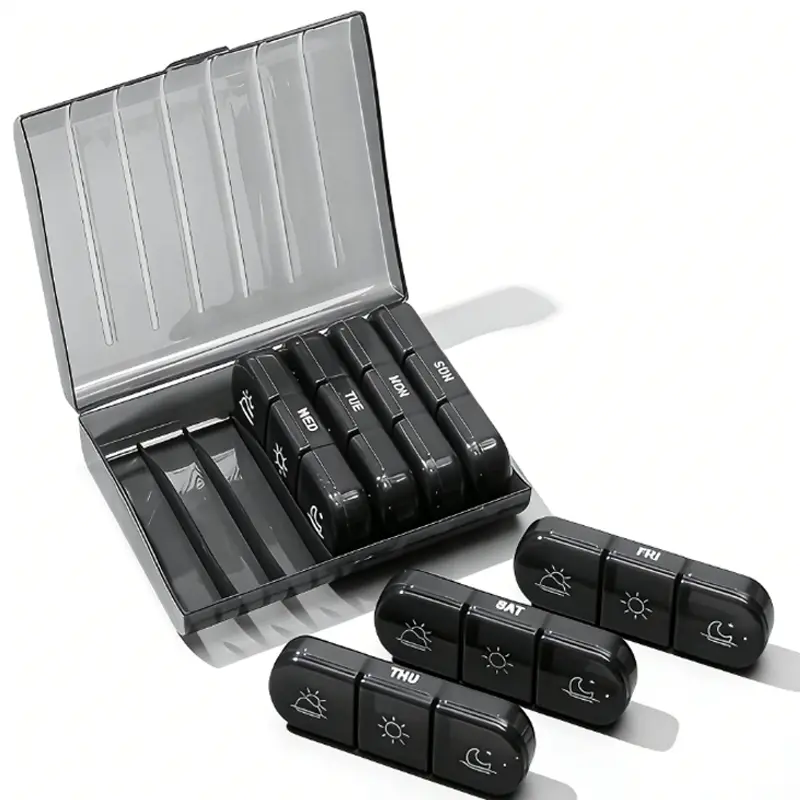 Weekly Pill Organizer Box 7 Day 3 Times A Day Detachable Compartments Spill Proof Bpa Free Black Color Portable Travel Medicine Case Daily Routine Essential, Healthcare,where can i buy this product tiktok shop