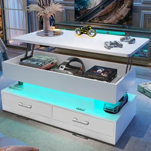 SIKAIC 40-Inch Lift Top Coffee Table, Modern Accent Table with 2 Drawers and LED Lights, White Indoor Furniture, Modern Accent Tables