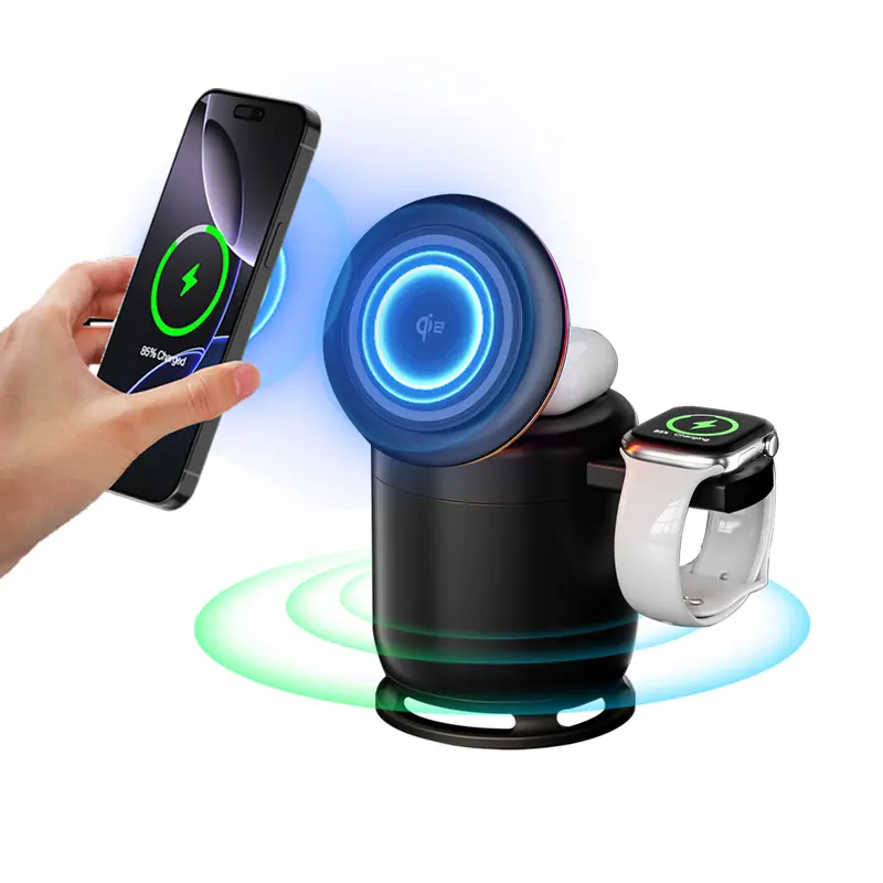 Vaiseke 3-in-1 MagSafe Compact Charging Station - Aluminum Foldable Magnetic Fast Wireless Charger with 360-Degree Rotation Night Light Stand, Multi-Device 3 in 1 Chargers Kit for iPhone 16/15/14/13/12 Series, iWatch, AirPods, Travel Charging Solution