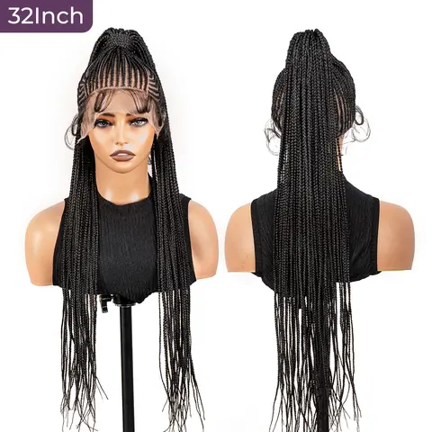 SuperNova 32 Inch Full Lace Synthetic Braided Wig High Ponytail Natural Hairline Women's Wig with Natural Hairline and Comfortable Fit Ponytail Wig Braided Hair Wigs Synthetic Fiber Wigs