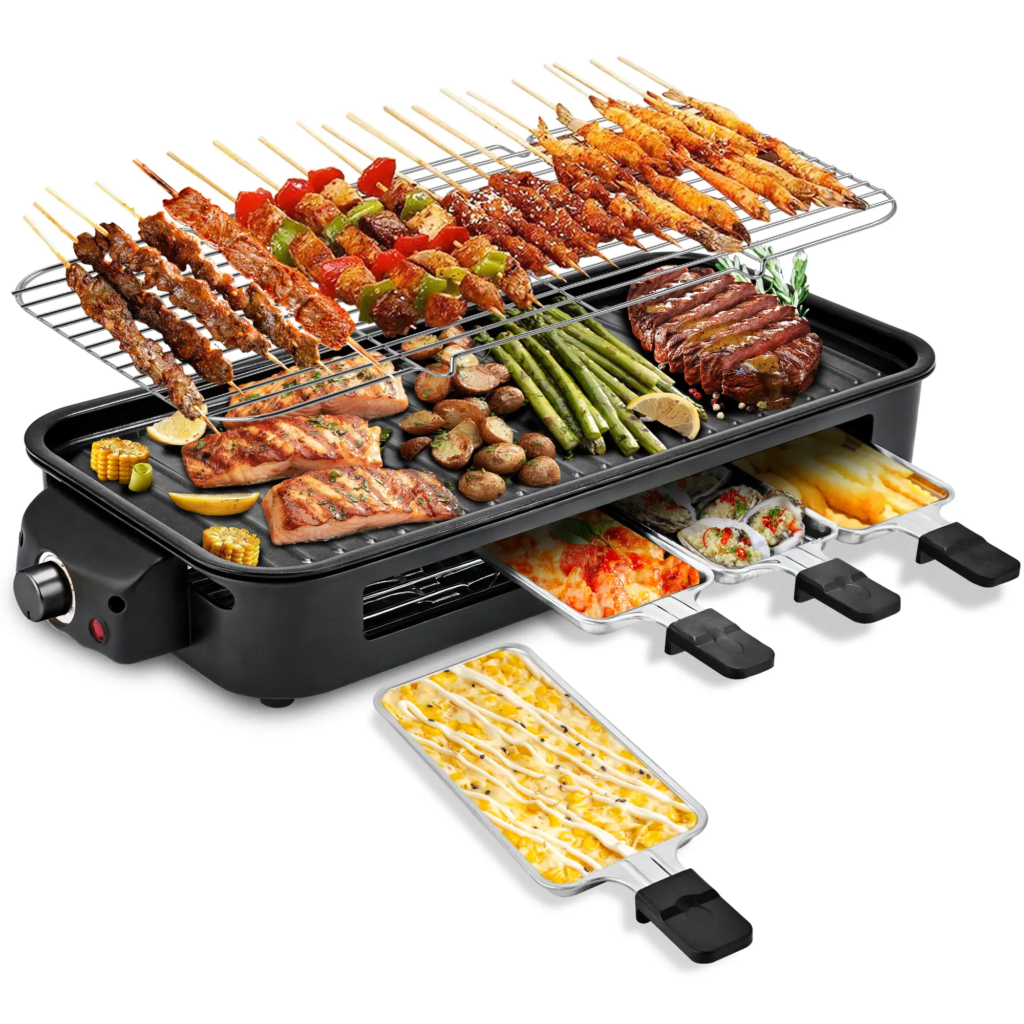 Pukomc Electric Indoor Grill,2 in 1 Indoor Grills for Kitchen with Grill Net & Non-Stick Cooking Removable Plate, Temperature Control, Dishwasher Safe, 1800W Smokeless barbecue Universal Griddle summerwins