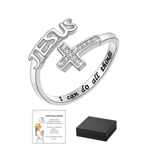 Women’s Inspirational Jesus Cross Open Ring, Engraved Bible Verse Statement Jewelry, Adjustable Metal Plated Pinky Ring, Elegant Durable Faith Accessory, Suitable for Daily Wear, Religious Occasions & Birthday Gifting