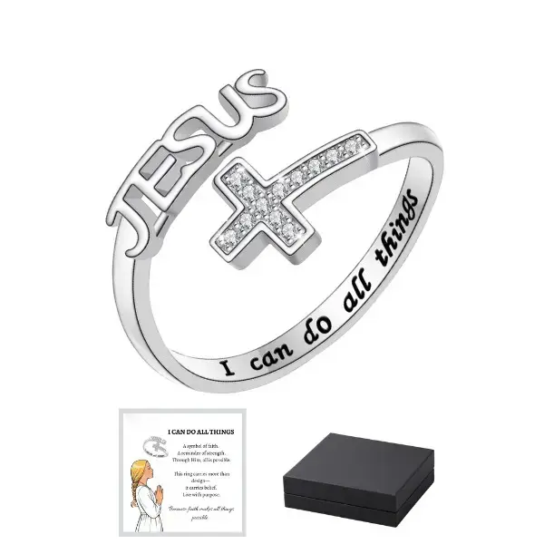 Women’s Adjustable Engraved Bible Verse Jesus Cross Open Ring, Metal-Plated Faith Jewelry, Elegant Durable Pinky Accessory for Daily Wear & Religious Gifting, Sports & Outdoor Occasion Rings summerwins