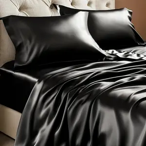 Satin Twin XL Size, Black Silky for Hair and Skin, Similar to Silk 3 with 1 Deep Pocket Sheet, 1 Flat Sheet, and 1 Pillowcase