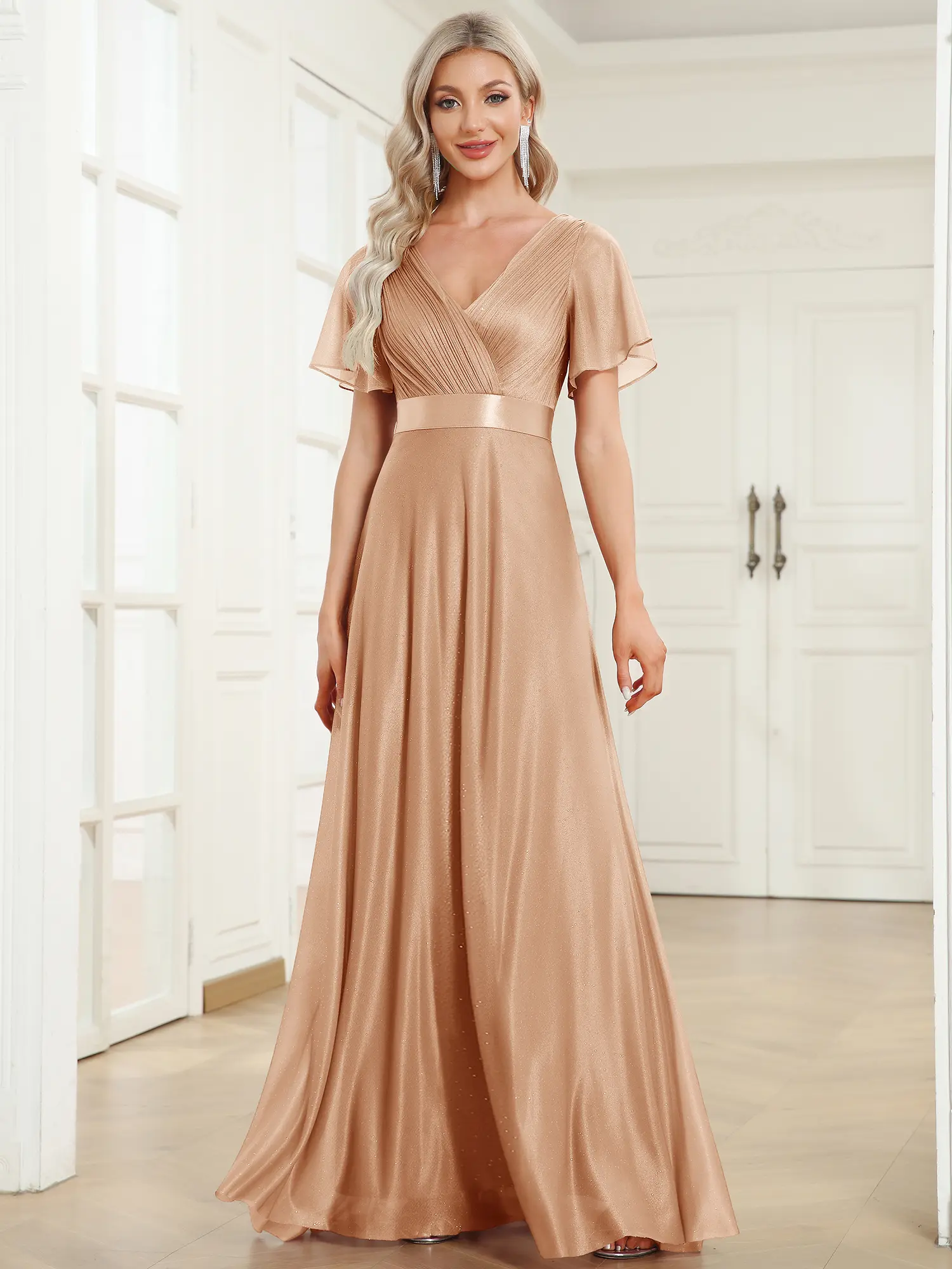 Ever-Pretty Sparkling Short Sleeve V-Neck Ribbon Waist A-Line Evening Gown  for Prom & Party - Elegant Sequin Fabric & Ruched Design 50159 - TikTok Shop