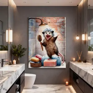 Opossum Bathroom Art Aesthetic Canvas Wall Decor, Wonderful Water Proof Artwork for Everyone, Portable Installation, Beautiful Gift Idea for Home Durable Digital Print Decoration