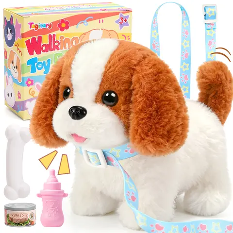 Lifelike Soft Electronic Plush Puppy Toy - Multifunctional Bark/Walk/Tail Wagging Interactive Fake Dog with Leash, Enhances Cognitive Skills & Emotions, Soothes Toddlers, Gift-Ready Fun (Birthday, Easter, 2 AA Batteries Required)