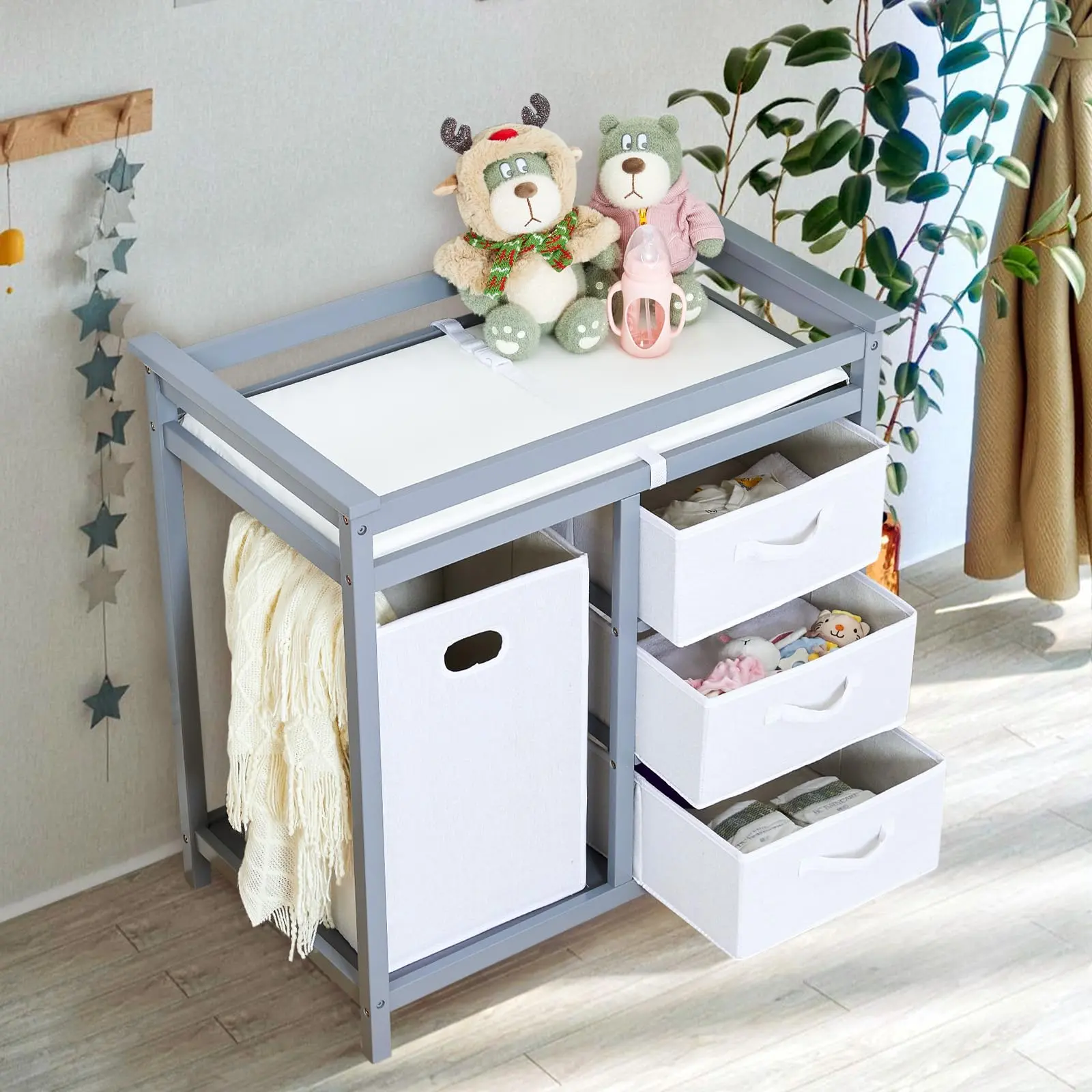 GARVEE Modern Solid Wood Changing Table, Nursery Furniture with 3 Storage Baskets, Laundry Hamper, Safety Rails, and Waterproof Pad
