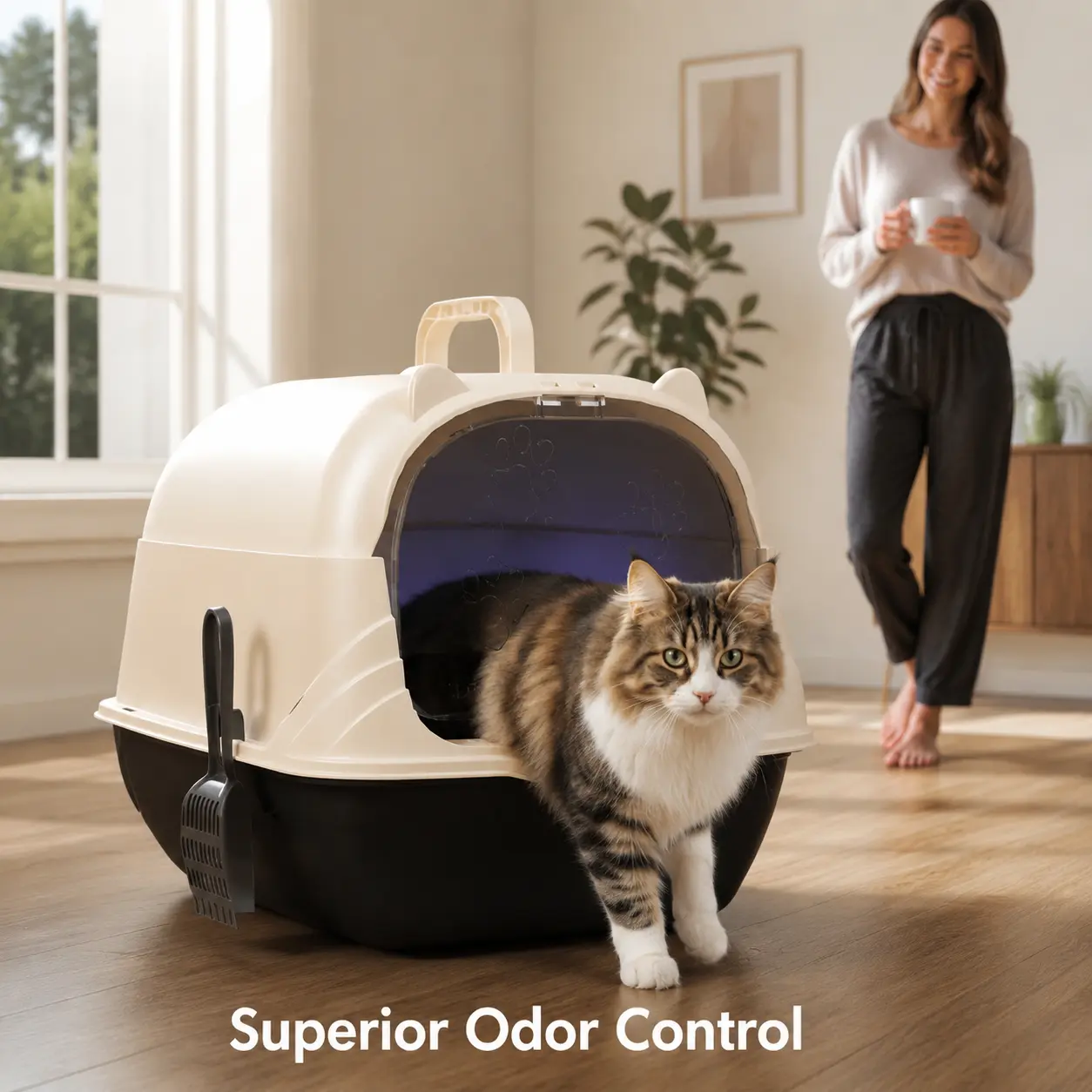Cat ear design fully enclosed litter box with high barrier wall to prevent sand leakage and odor; ultra-large internal space suitable for large cats; detachable and washable pet toilet. flip-top lid odorless pull-out advanced odor control