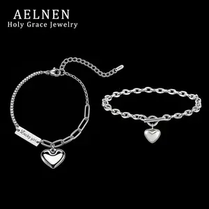 AELNEN Elegant Vintage Rhodium Finish Sterling Silver Anklet with Box & Link Chain, High Polished Puffed Heart Charm, and Lucky Girl Engraved ID Tag