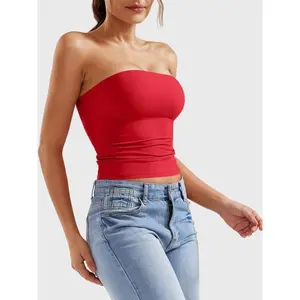 Women's Sexy Strapless Tube Top, Solid Color, Stretchy Crop Top with Thin Straps, Slim Fit, Breathable Fabric, All-Season Fashion Essential