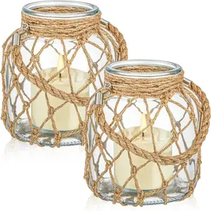 2 Set Nautical Candle Lantern with Rope Handle Coastal Glass Jar Battery Operated LED Flameless Lantern for Room Party Sea Beach House Table Centerpieces Decoration 5.5" x 5.5" x 6.3"