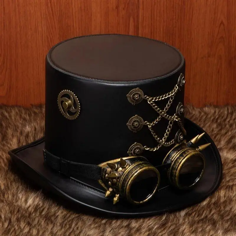 Unisex Adults Victorian Steampunk Top Hat with Goggles (fht103bk) - Vintage Party Accessories, Halloween Cosplay, Magician Stage Show Costume Accessory Set