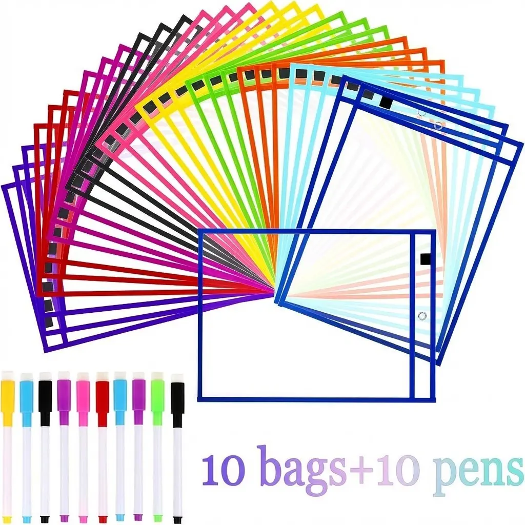 10 bags + 10 pens Reusable Large File Bag, 14.02 Inches Long, with Dry Erase Pen, Multiple Colors, Practical and Durable, Suitable for Teacher Teaching, Document Recording, Documents Organizer, Office Supplies