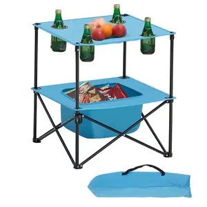 VEVOR Folding Camping Table,  Portable Outdoor Lightweight Picnic Table, 600D Oxford Fabric Waterproof Canvas Travel Beach Tables, with 4 Cup Holders, Carry Bag, for Tailgating Camping Picnic, Blue
