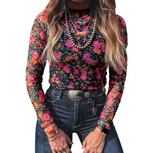 Mntaor Women's Rose Floral Mesh Mock Neck Top, Slim Fit Long Sleeve Rose Print Shirt  for Chic Casual Style Womenswear