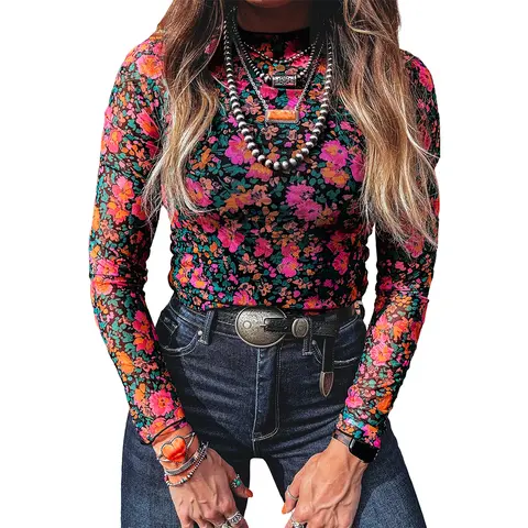 Mntaor Women's Rose Floral Mesh Mock Neck Top, Slim Fit Long Sleeve Rose Print Shirt  for Chic Casual Style Womenswear