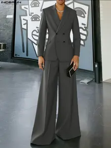 INCERUN Men's Simple Long Sleeve Solid Color Suit Jacket + Pants Two-Piece Set, Casual Daily Wear, Stylish and Comfortable Clothes