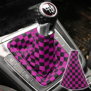 Universal Checkered Style Hot Pink Fabric Gear Manual Shifter Shift Knob Boot cover