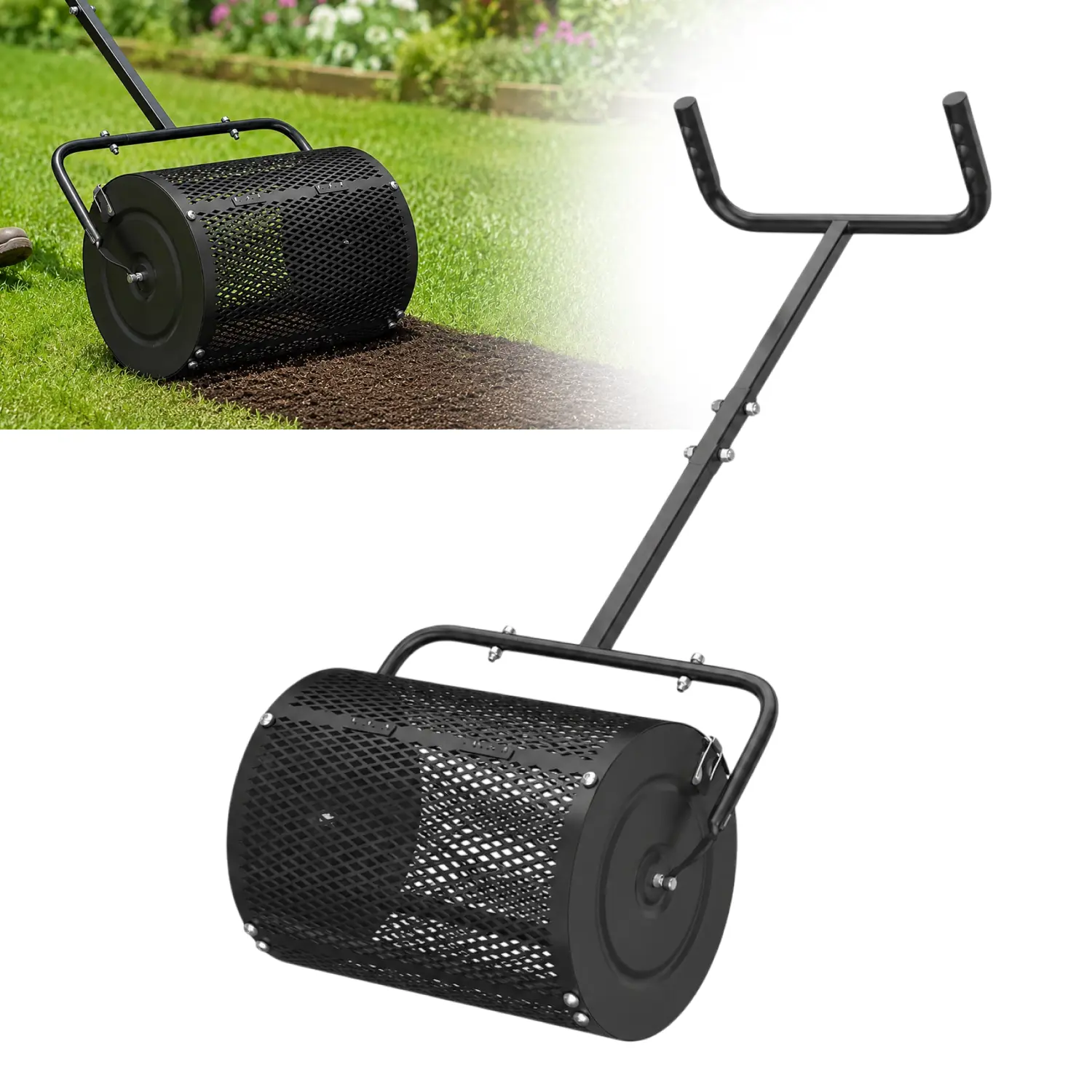Heavy Duty 24-Inch Metal Mesh Lawn & Garden Compost Spreader Roller with Adjustable 41"-46" U-Shaped Handle for Topdressing Mulch, Soil Care & Yard Maintenance