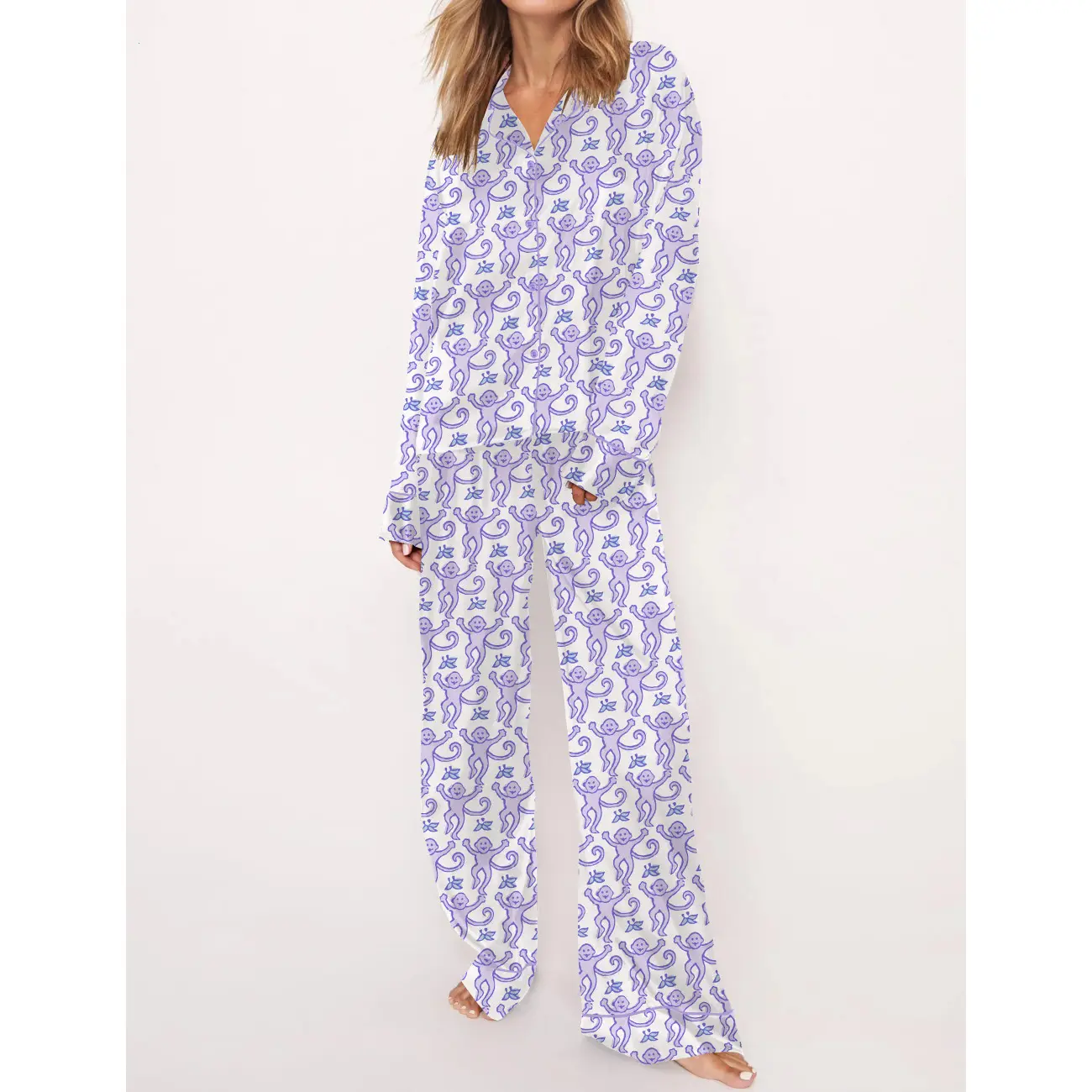 Playful Monkey Cotton Pajama Set for Women - Whimsical and Cozy Sleepwear for Animal Lovers, Perfect for Zoo Visit Evenings, Nature Movie Nights, or Relaxed Weekend Mornings