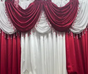 Regency 8-Piece Luxury Curtain Set Red & White Premium Beaded Window Treatment with Embellished Waterfall Valances and Satin Panels for Elegant Home Decor