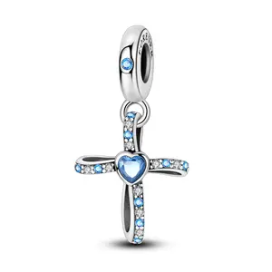 MULA 925 Silver Plated Cross Pendant | Ocean Blue Heart Shaped Zirconia | Elegant Religious Jewelry | Suitable for Pandora Bracelets and Necklaces | Meaningful Gift for Women and Girls