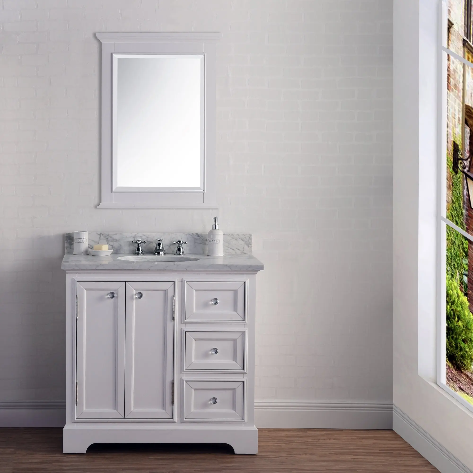 Water Creation Derby 36" Wide Pure White Single Sink Carrara Marble Bathroom Vanity From The Derby Collection