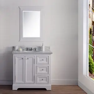 Water Creation Derby 36" Wide Pure White Single Sink Carrara Marble Bathroom Vanity With Matching Mirror