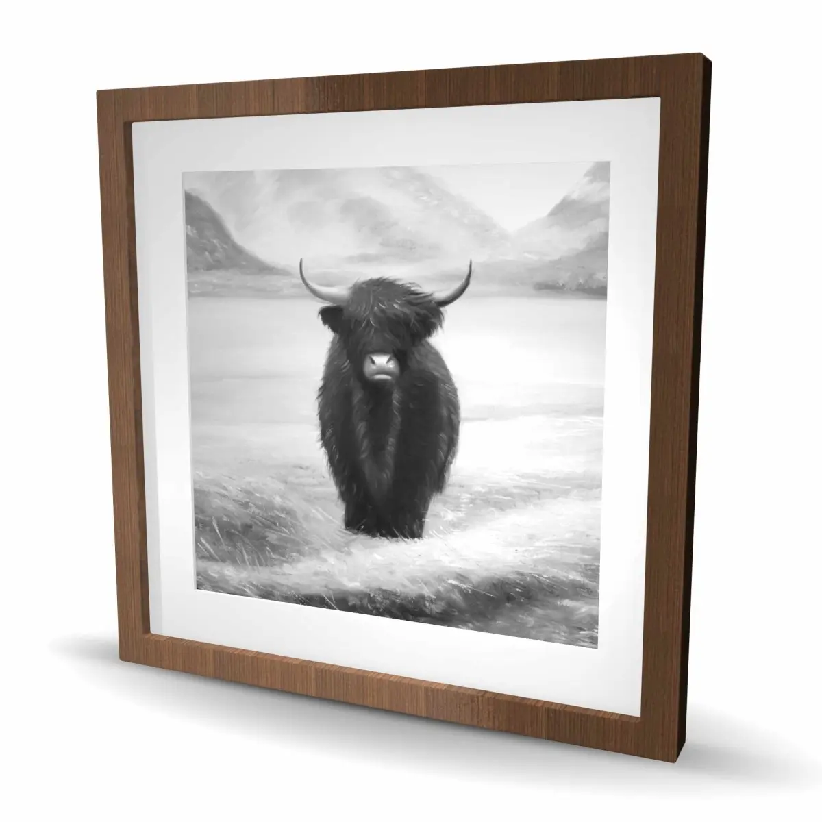 212 MAIN Artistic Nature Highland Cow Photo Print - Elegant Rustic Wood-Framed Monochrome Artwork, 24x24 in Wall Decoration, Home Decor Gift for Home Supplies Enthusiasts