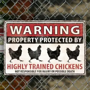 2D Flat Vintage Funny Farm Metal Tin Sign, "Warning: Highly Trained Chickens" Rustic Red & Black Design, 8x12 Inch Heavy-Duty Metal Plaque for Chicken Coop, Farm or Outdoor Decor, Humorous Farm Sign, Perfect Gift for Poultry Farmers & Chicken Lovers