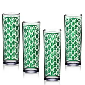 BarConic® Collins Glass - Dark Green Retro Leaves Pattern - 9.5 ounce