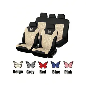 5 Seats Full Set Universal Car Seat Covers, Made Of Polyester Fabric With 4mm Sponge And Compression Technique, With Iron-On Butterfly Pattern, Multiple Colors Available. Suitable For Small And Medium-Sized Cars.