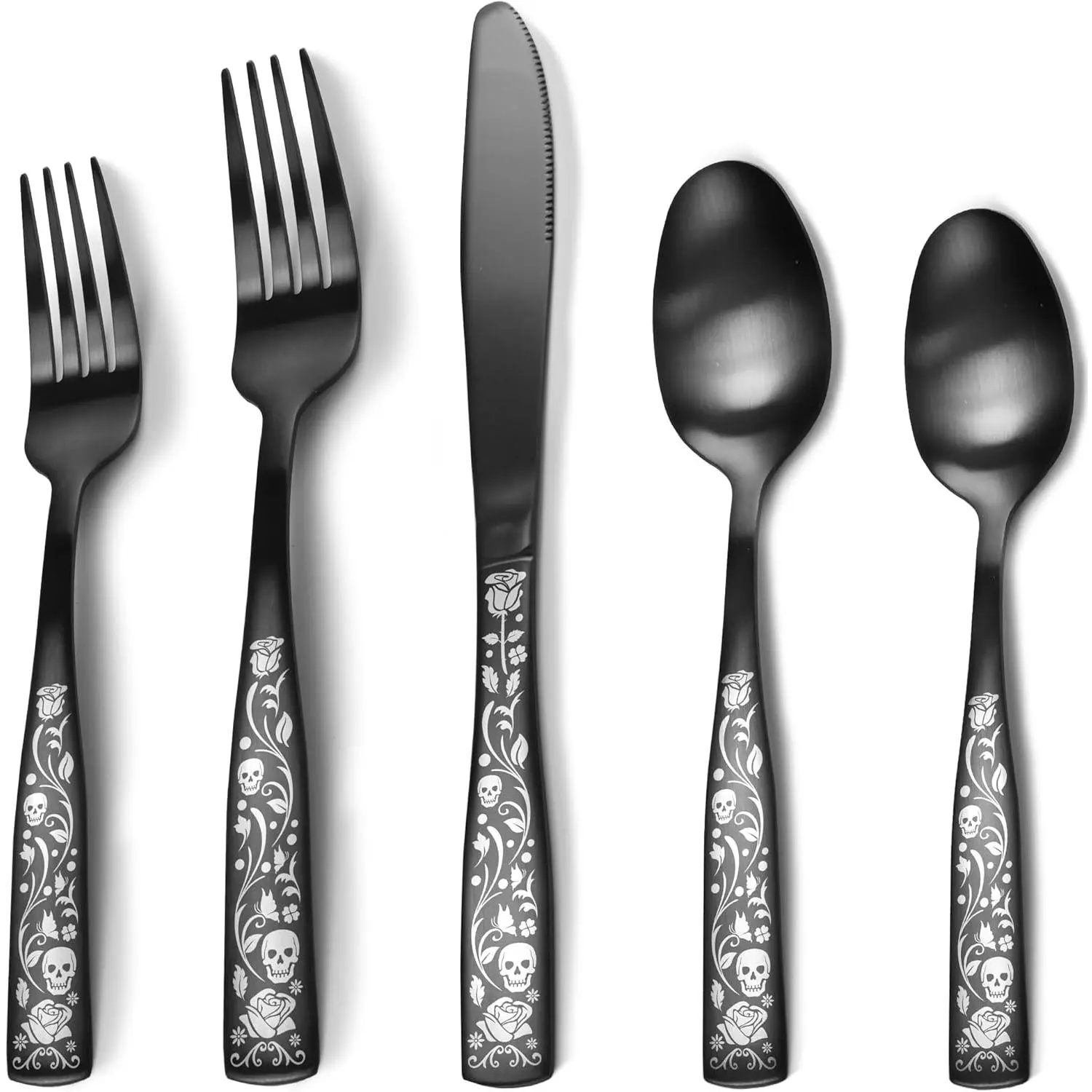 40- Matte Black Silverware Set for 8, Skull Rose Cultery Set 18/0 Stain Finish Stainless Steel, Gothic Skeleton Pattern Decorative Flatware Set, Daily Halloween Party Event Serving For 8
